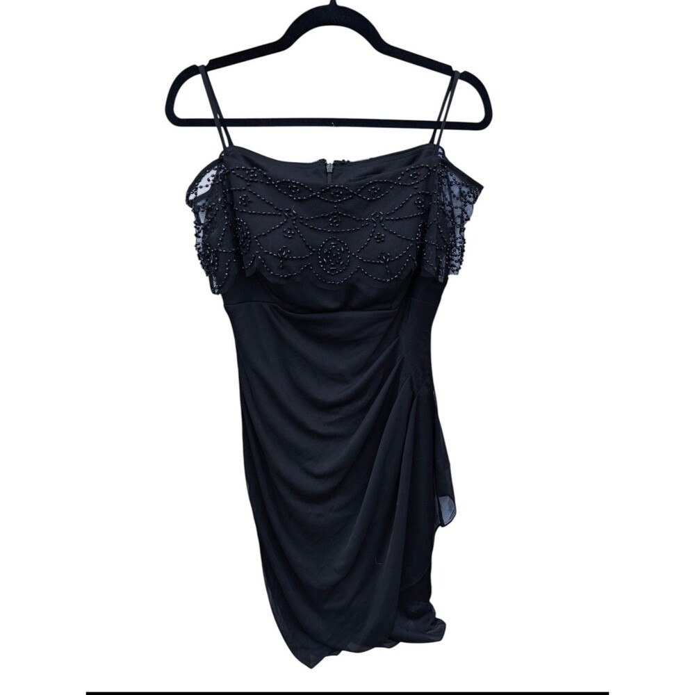 VTG Y2K DJ-JAZ Black Beaded Cocktail Dress Size 6 Spaghetti Strap Cold Shoulder